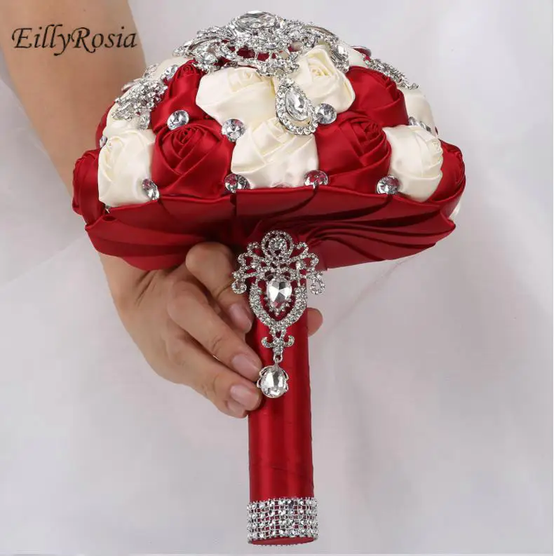 Wine Red Brooch Bridal Bouquet Crystals Jewelrys Cream Satin Bridesmaid Bouquet Wedding Flowers 18cm 21cm 24cm Customized