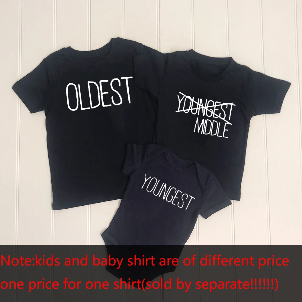 Oldest Middle Youngest Family Shirt Set Childrens Family Matching Tshirts Baby Sibling Shirt Baby Bodysuit Black Tees Drop Ship