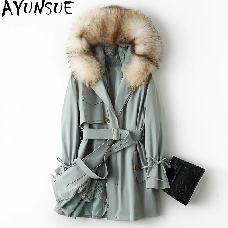 

AYUNSUE Women's Winter Parkas Warm Thick Real Rabbit Fur Liner Jacket 2021 Hooded Raccoon Fur Collar Coat Casaco Feminino Gxy499