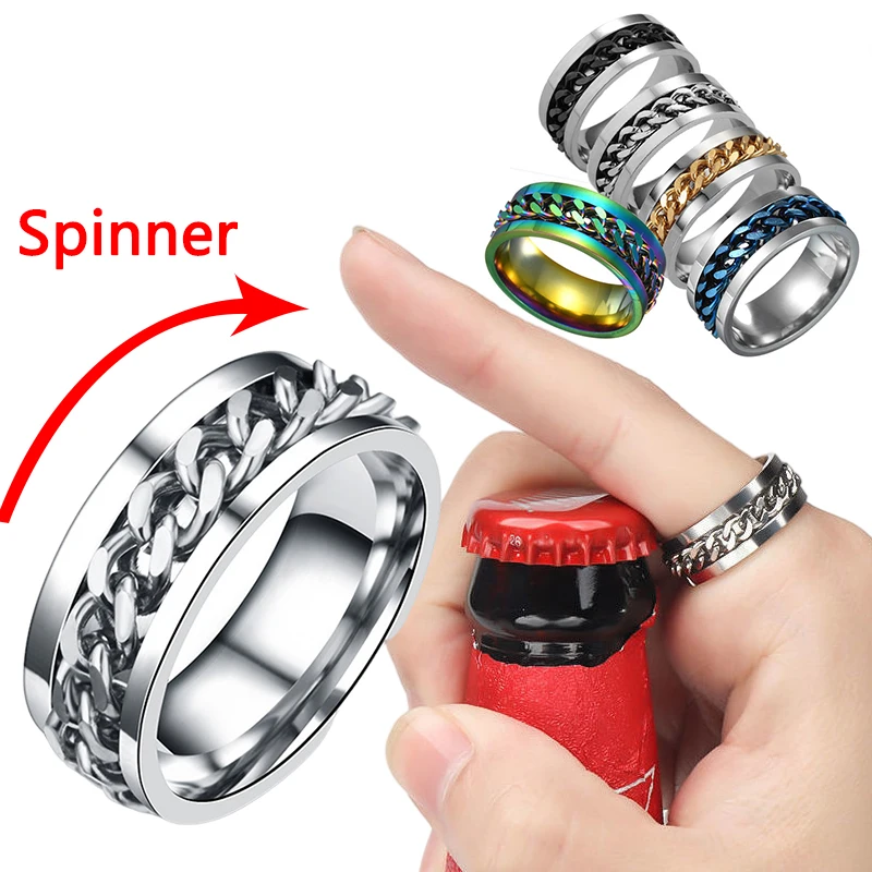 Ins Fashion Women Rotatable Chain Link Men's Spinner Ring Stainless Steel Men's Titanium Anxiety Fidget Corkscrew Ring Gift