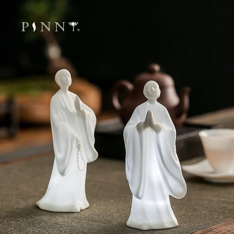 PINNY White Porcelain Monk Buddha Statue Ceramics Zen Home Decoration Accessories Modern Tea Ceremony Ornaments