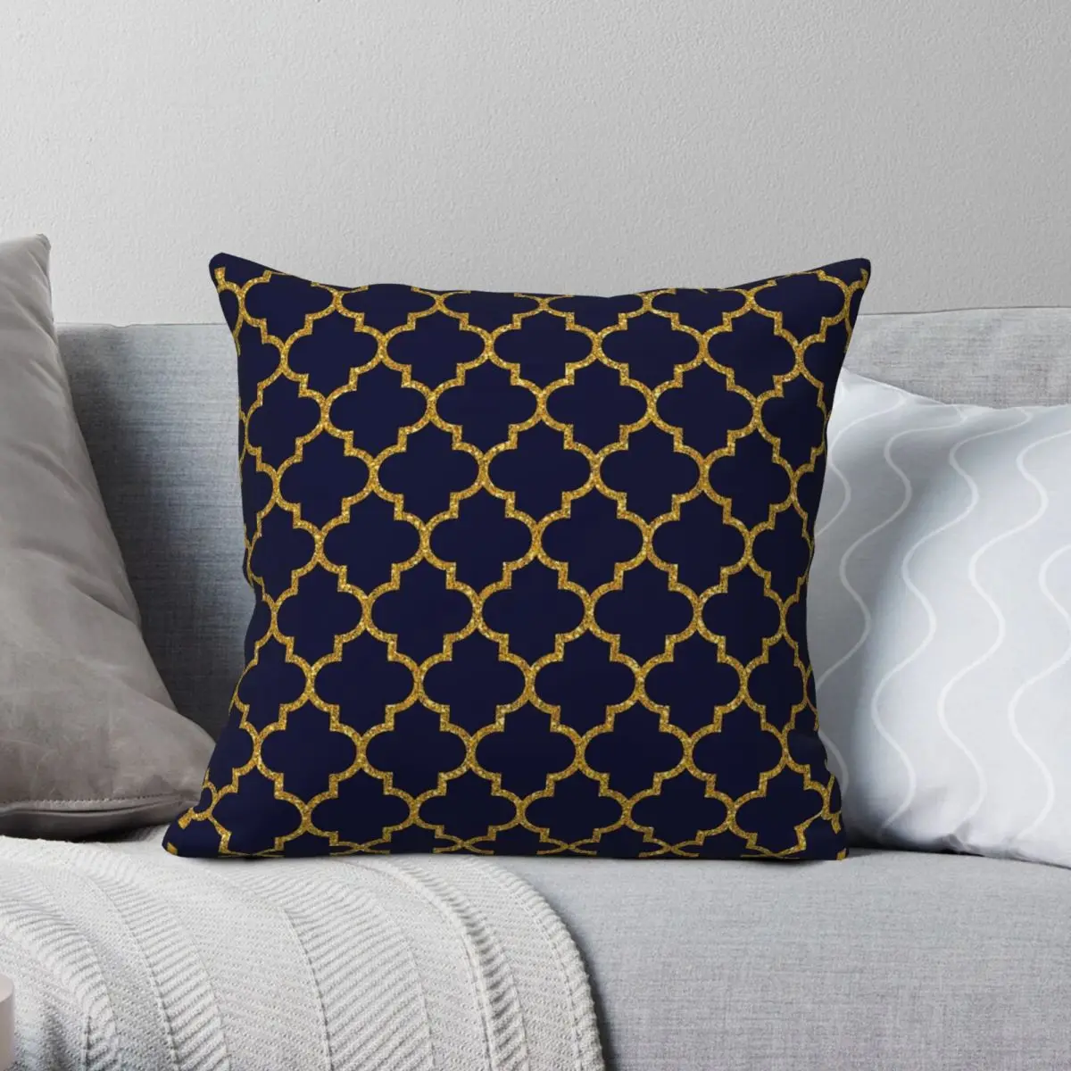 

Navy Blue Gold Glitter Quatrefoil Pillowcase Polyester Linen Velvet Printed Zip Decor Pillow Case Sofa Cushion Cover