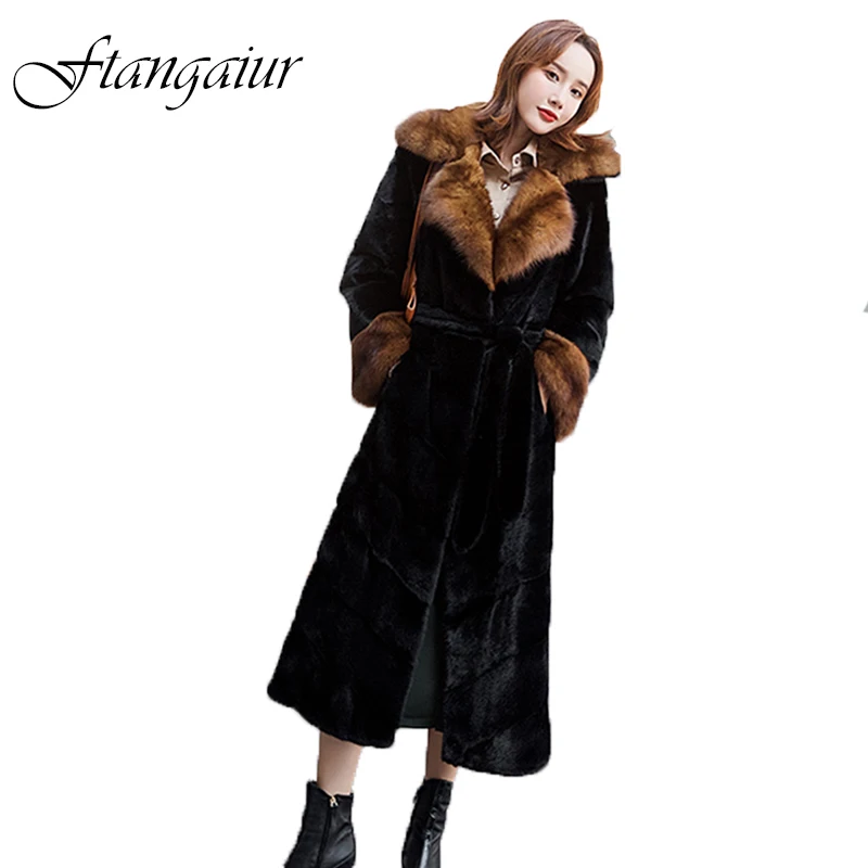 Ftangaiur Winter Import Purple Standard Velvet Mink Fur Coat Women Sable Fur Collar X-Long Natural Real Mink Fur Coats