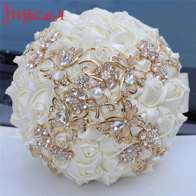 

Hotsale Artificial Flowers Diamond Bouquet Emulation Roses For Wedding Bridal Bouquet Ivory Silk Ribbon Wedding Bouquets W705