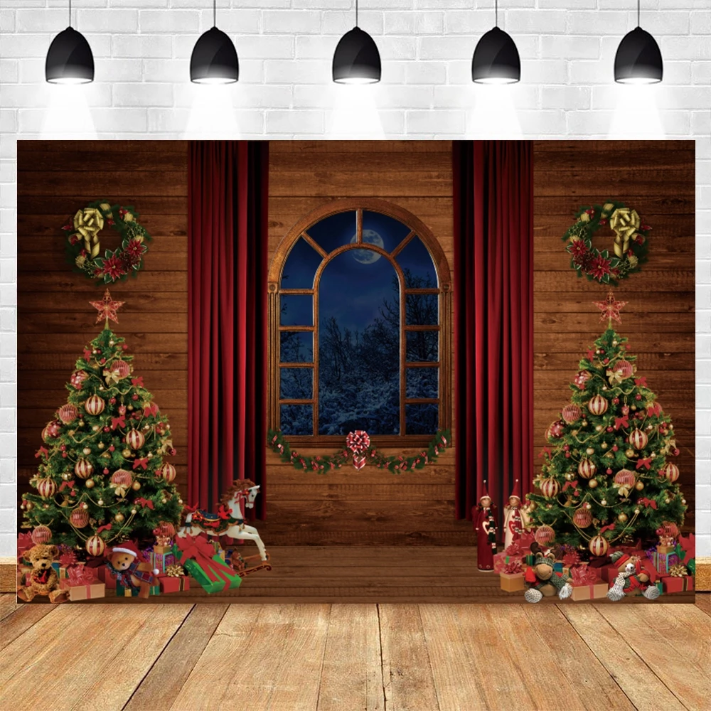 Christmas Backdrop Tree Window Winter Wood Wall Vintage Village Photography Background Photo Studio Booth Shoot Banner Decor