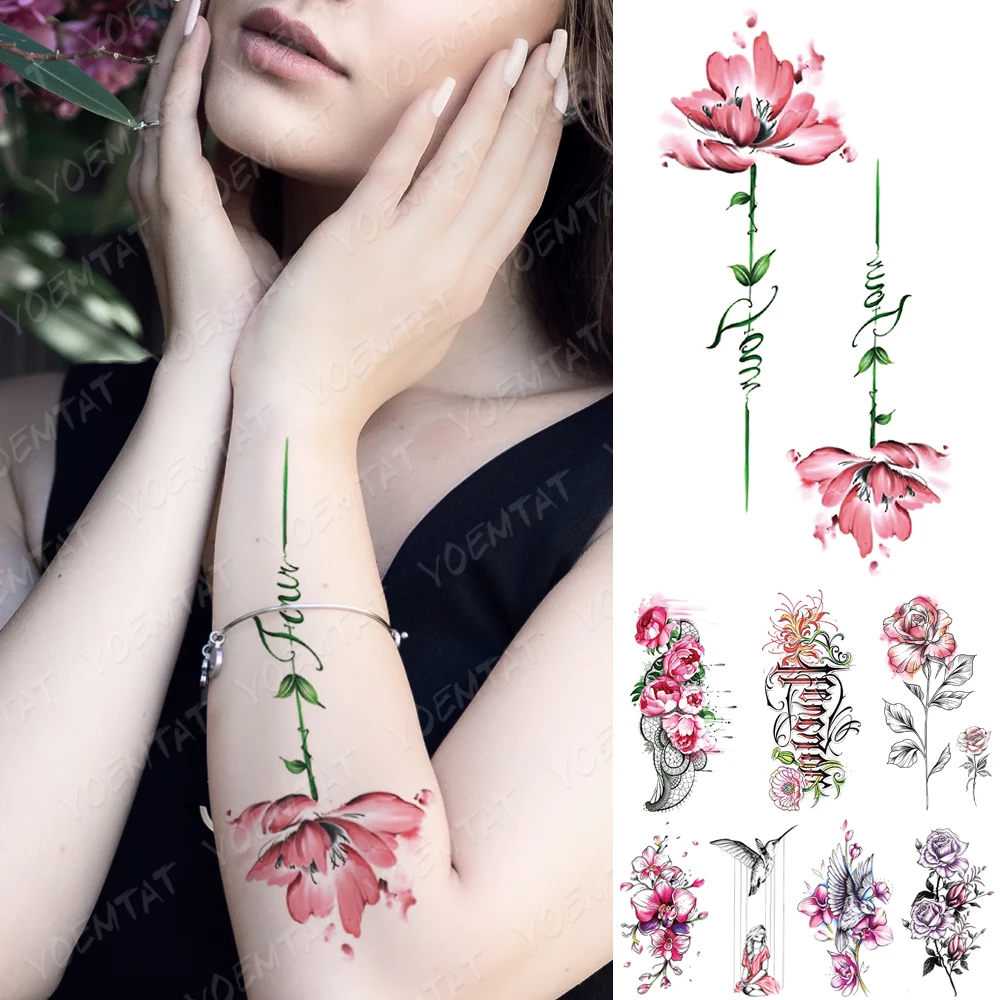 

Waterproof Temporary Tattoo Sticker Bellflower Bird Cherry Blossom Tattoos Rose Flowers Body Art Arm Fake Sleeve Tatoo Women Men