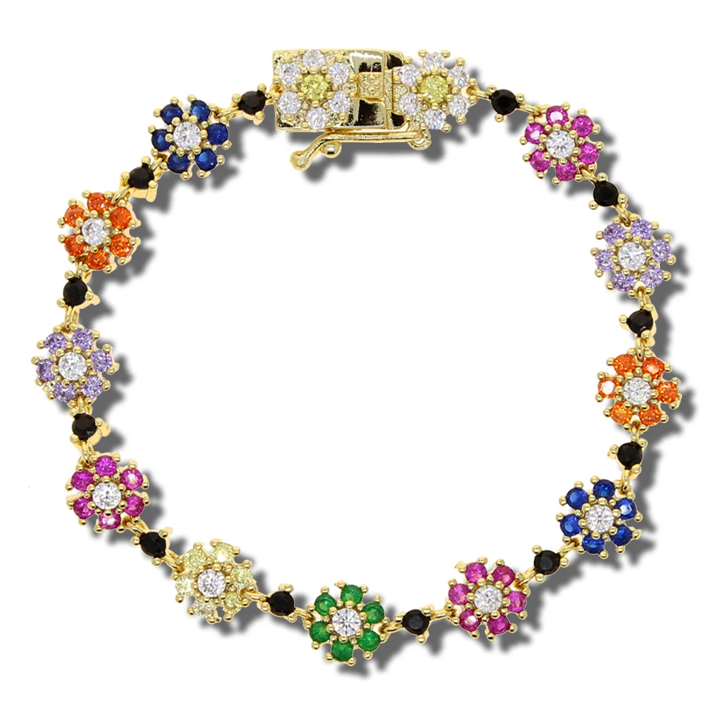 Gold Color Red Green Blue CZ Paved Flower Charm Bracelets Tennis Chain Rainbow Zircon Stone Bangle Fashion Women Jewelry