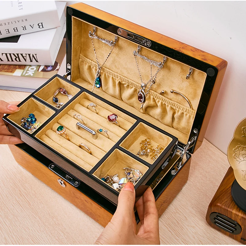 

Luxury Natural Wooden Jewelry Organizer Rings Earring Rack Necklace Holder Velvet Jewellery Gift Storage Box Double Layers Style