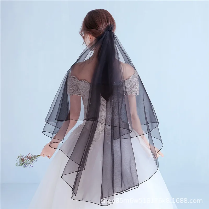 Velo de novia corto de dos capas, accesorios de boda, borde de cinta, blanco y negro, marfil