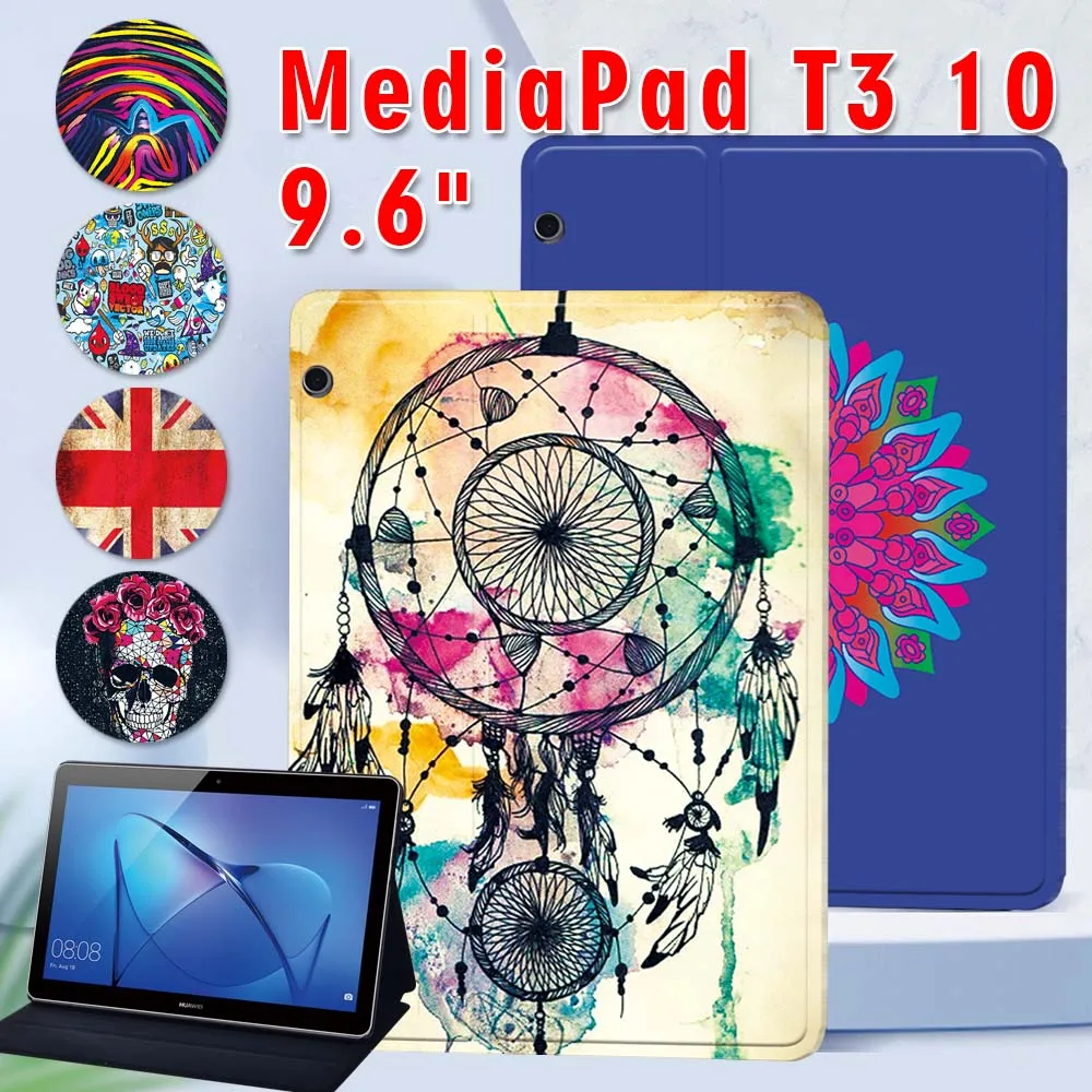 

PU Leather Tablet Case for Huawei MediaPad T3 10 9.6 Inch Old Image Series Pattern Stand Cover Case