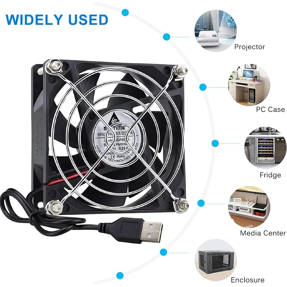 USB Fan 80x80x25mm DC 5V 80mm 8025 Brushless Computer Case Cooling Fan with Metal Grill