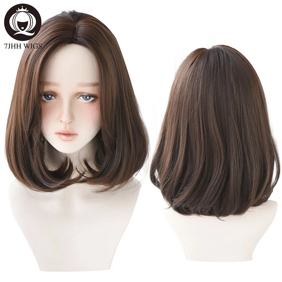 7JHH WIGS Short Middle Part Ombre Blonde Wig For Women High Density Synthetic Straight Bob Wig with Bangs Beginner Friendly