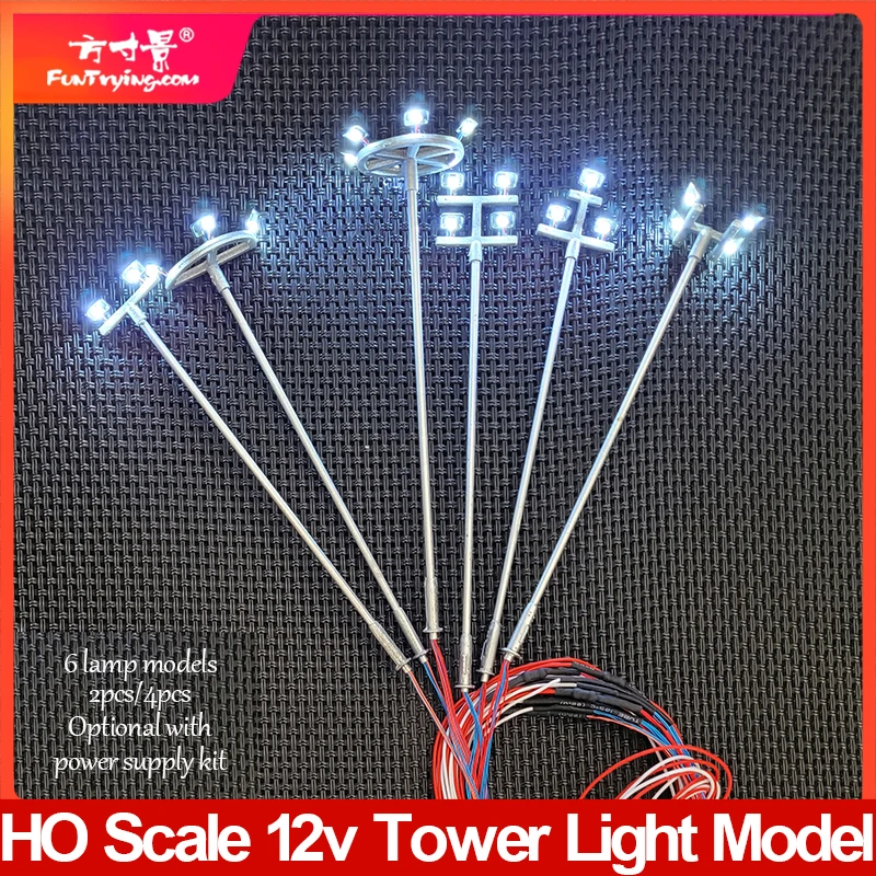 HO escala modelo iluminação torre, 12V, layout de luz, poste, trem, jardim, parque infantil, estádio, lâmpada aérea, 2 pcs, 4pcs