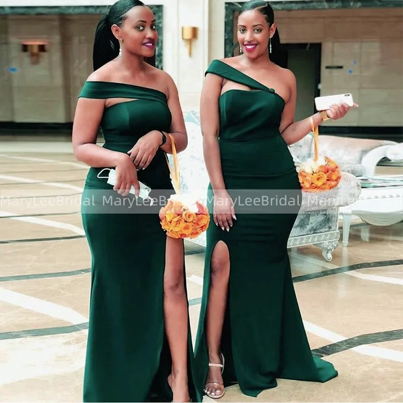 Sexy High Slit Dark Green Bridesmaid Dresses African Women Mermaid Off Shoulder Wedding Guest Party Dresses Vestido Madrinha