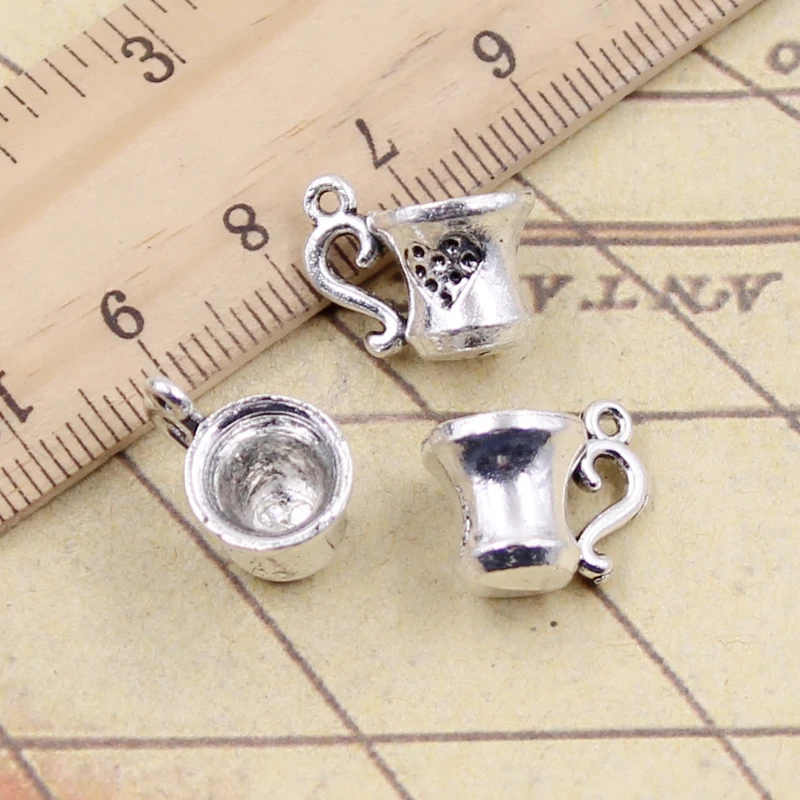 10pcs Charms 3D Teacup With Heart 10x15mm Tibetan Bronze Silver Color Pendants Antique Jewelry Making DIY Handmade Craft Pendant