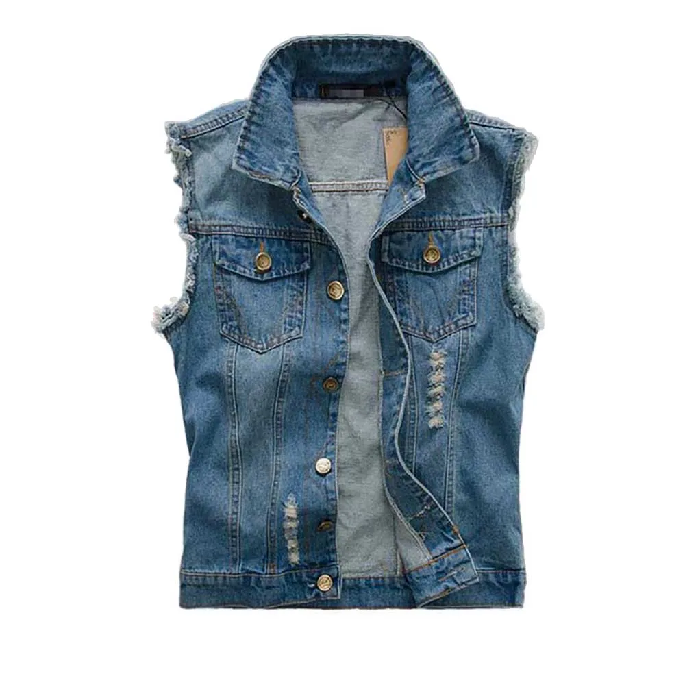 

Big Size S-6XL Male Clothing Men Denim Vest with Pockets Ripped Sleeveless Jacket Casual Slim Waistcoats Distressed Colete