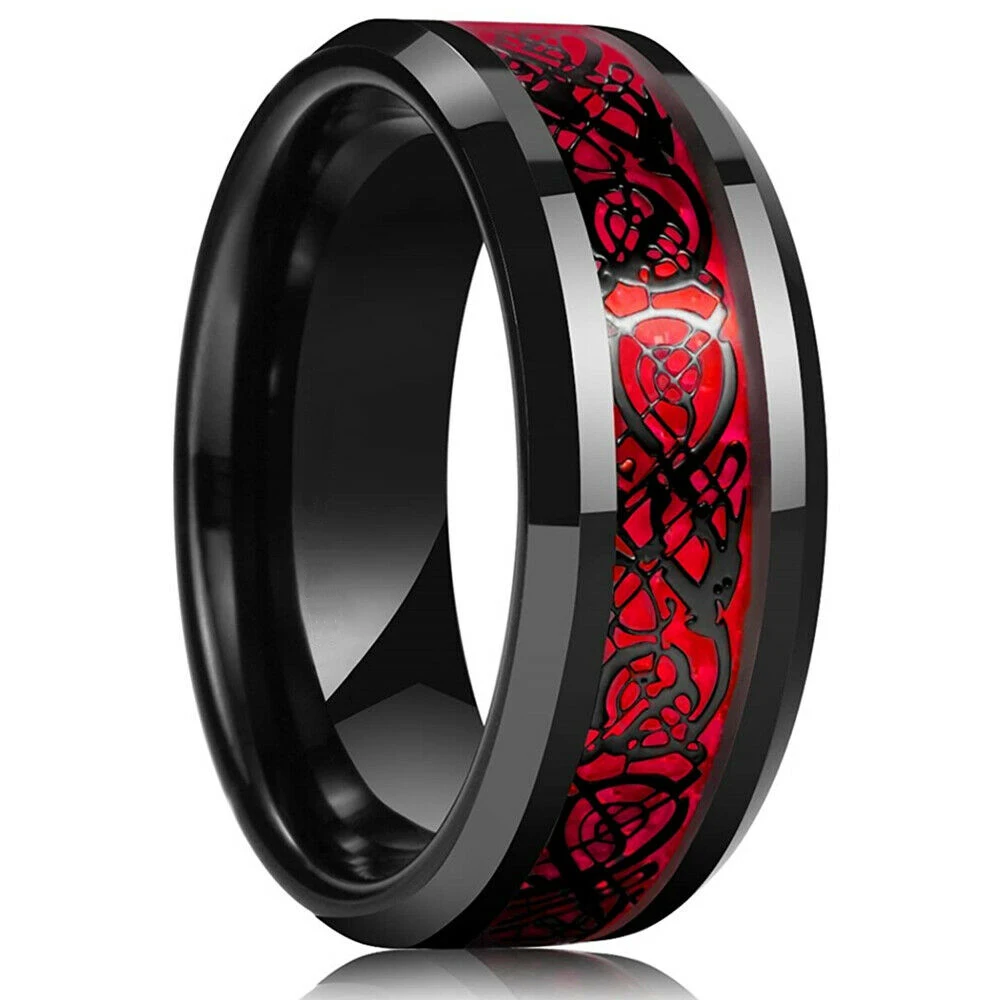 21 Colors 8mm Men's Stainless Steel Celtic Dragon Ring Inlay Red Green Black Carbon Fiber Ring Wedding Band Jewelry Size 6-13