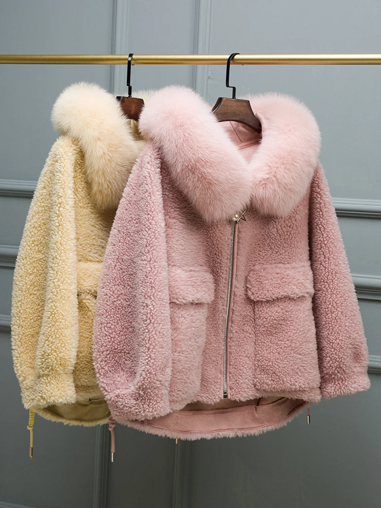 

Real Fur Coat Female Fox Fur Collar 100% Wool Coats Winter Coat Women Clothes 2020 Lamb Fur Jacket Korean Outwear MY4327