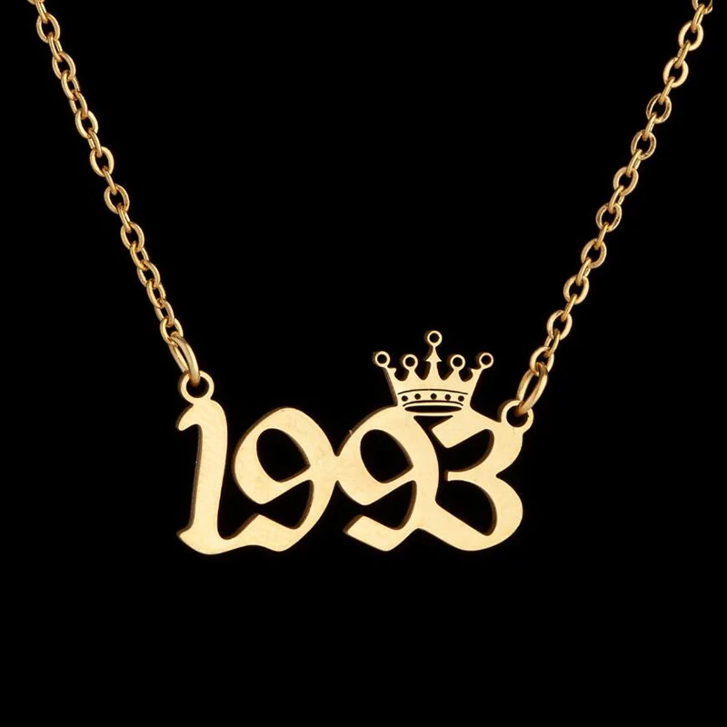 Bohemian Cartoon Crown Number Letter Necklace Stainless Steel 1980 1998 2000 Birth Year Chain Necklace for Women Birthday Gift