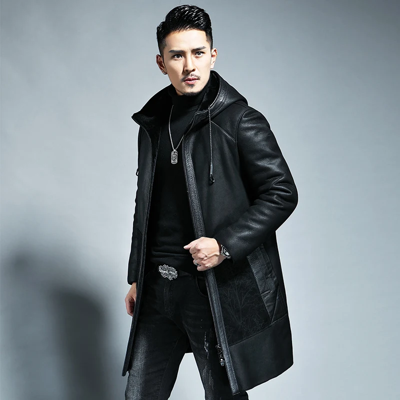 

Original Ecological Natural Sheepskin Fur Long Hooded Men's Genuine Leather Jacket Men Winter Trench Coat Shearling Coats L- 5XL