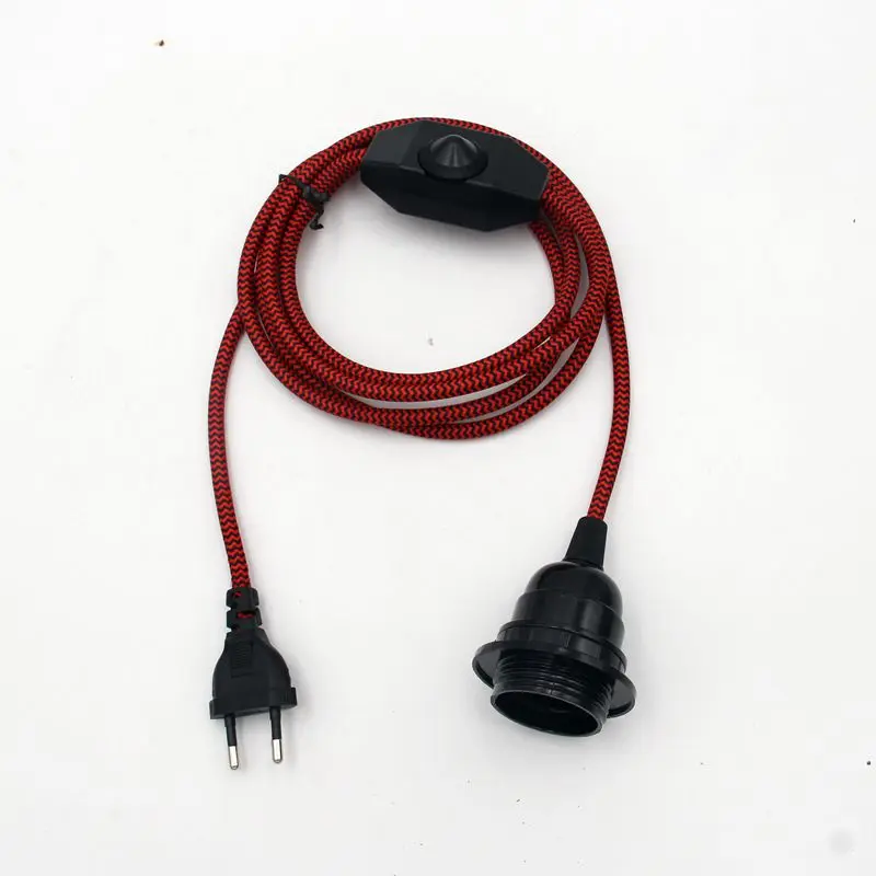 AC 220V EU Plug  Power Cords Textile Covered Cable With Dimmer Switch E27 Threaded Bulb Lamp Holder Ring For Hanging Light