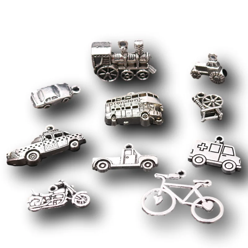 10pcs Mix Silver Plated Traffic Tools Charms Car Motorcycle Tractor Train Ambulance Necklace Pendants DIY Jewelry Crafts Making