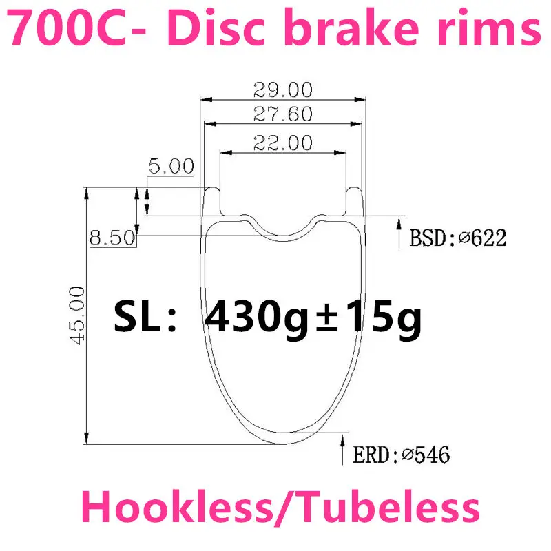 [CB29RCT45SL-700C] Ultralight 430g 29mm wide 45mm Depth 700C Carbon Fiber Road Rims Clincher Tubeless compatible carbon wheels