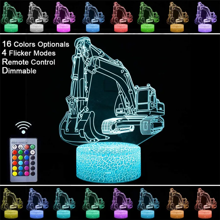 7 Colors 3D Excavator Led Table Lamp Acrylic Illusion Night Light USB/Battery Powered Indoor Decoration for Bedroom,Party,Bar