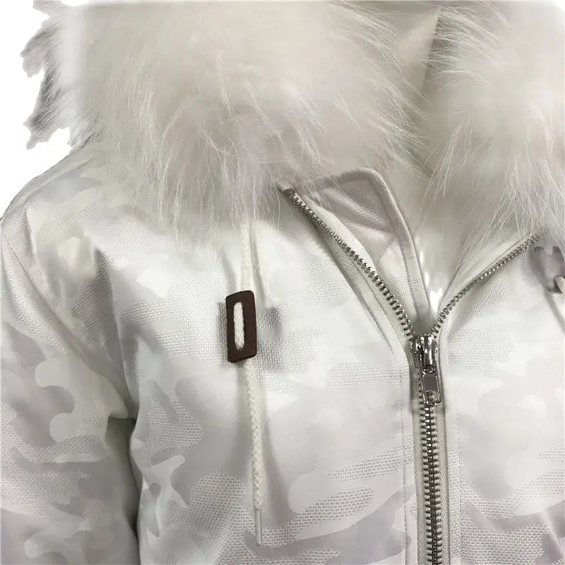 Uniforme de béisbol blanco de camuflaje, chaqueta de piel sintética para mujer, Cuello de piel de mapache Real, S-4XL extraíble