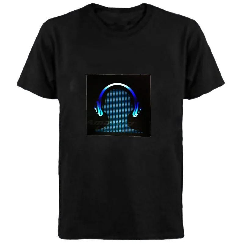 Blue Skull Sound Activated Flashing EL T-Shirt Light Up Down Music Party Equalizer unisex LED T-Shirt