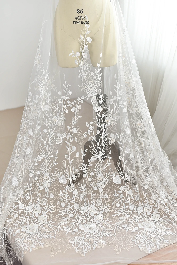 

bridal dress lace long flowers patch embroidery lace with sequinces wedding dress lace fabrics