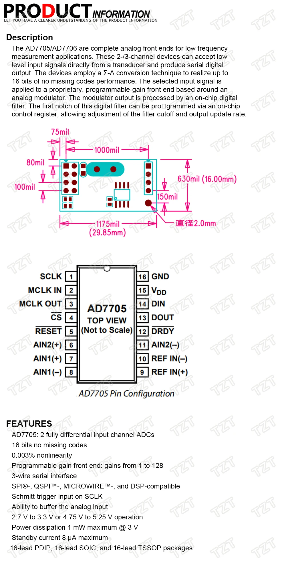 TZT 1/3PCS AD7705 Dual 16-Bit-Datenerfassungsmodul mit programmierbarer Eingangsdämpfung und SPI-Schnittstelle – Detail 1