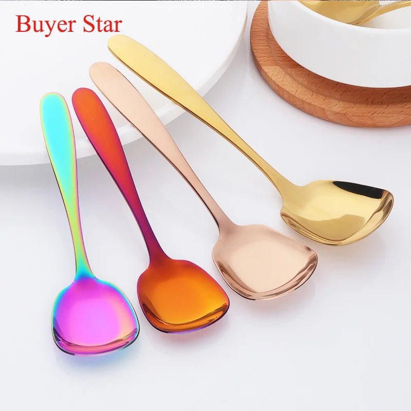 3PCS 18/10 Stainless Steel Ice Cream Spoon Square Head Coffee Dessert Cake Sugar Spoon For Kitchen Cafe Rainbow Tableware 3 size