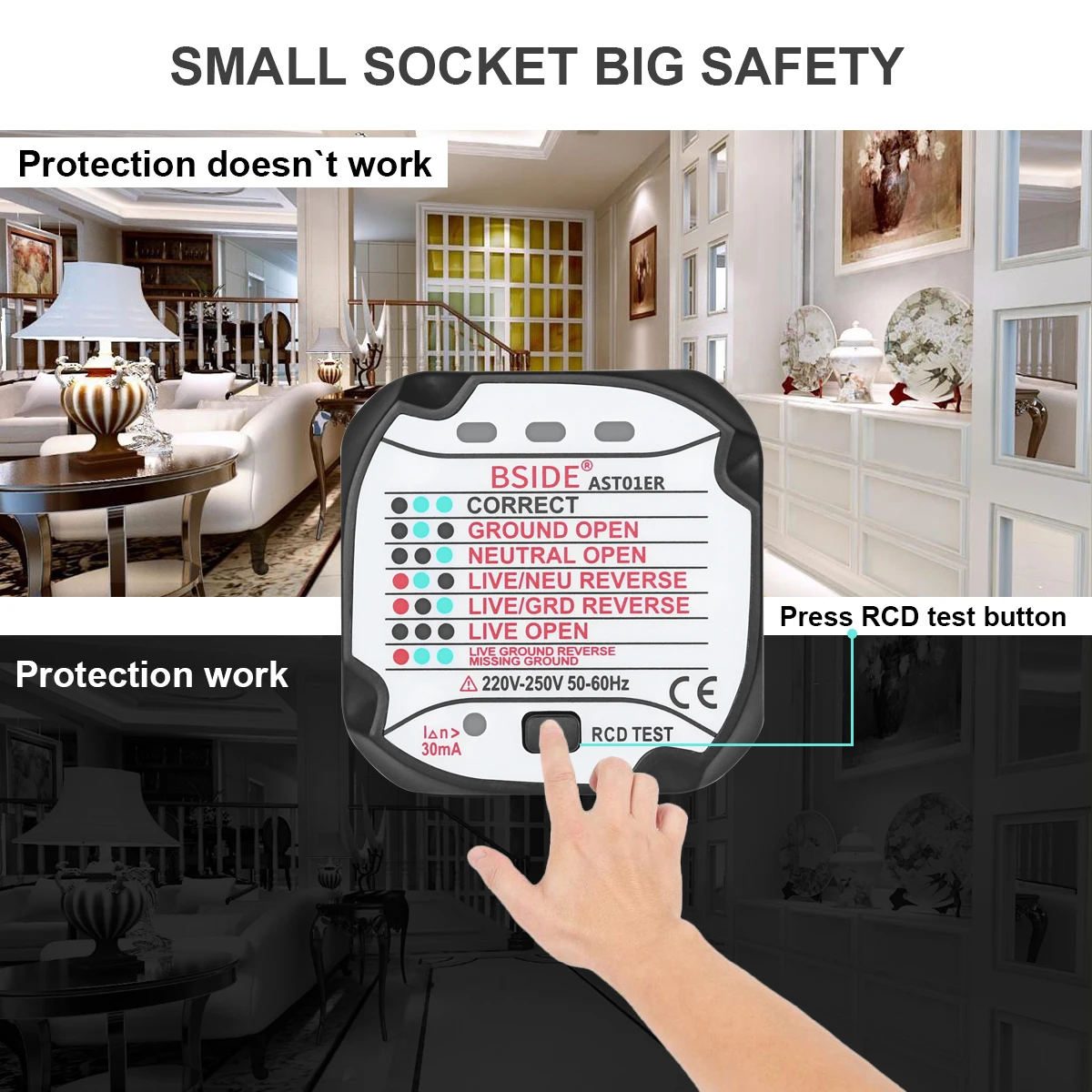 BSIDE AST01 Electric Socket Tester EU US UK AU Plug RCD GFCI Test  Outlet Ground Zero Line Plug Polarity Phase Wall Check