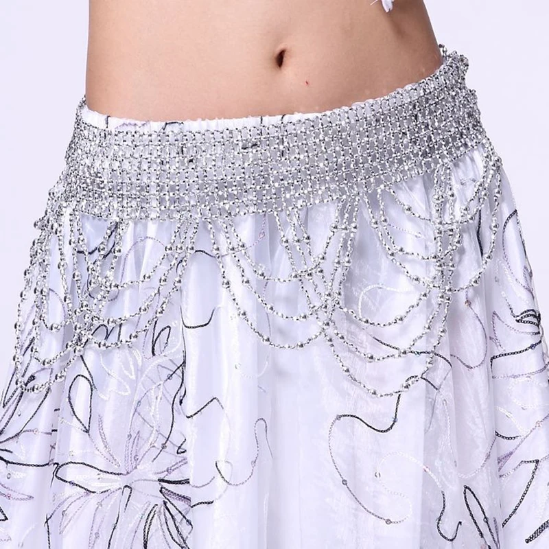 Women Belly Dance Costume Accessories Fringes Hip Scarf Stretchy Thread Wrap Skirt with Round Beads Belt