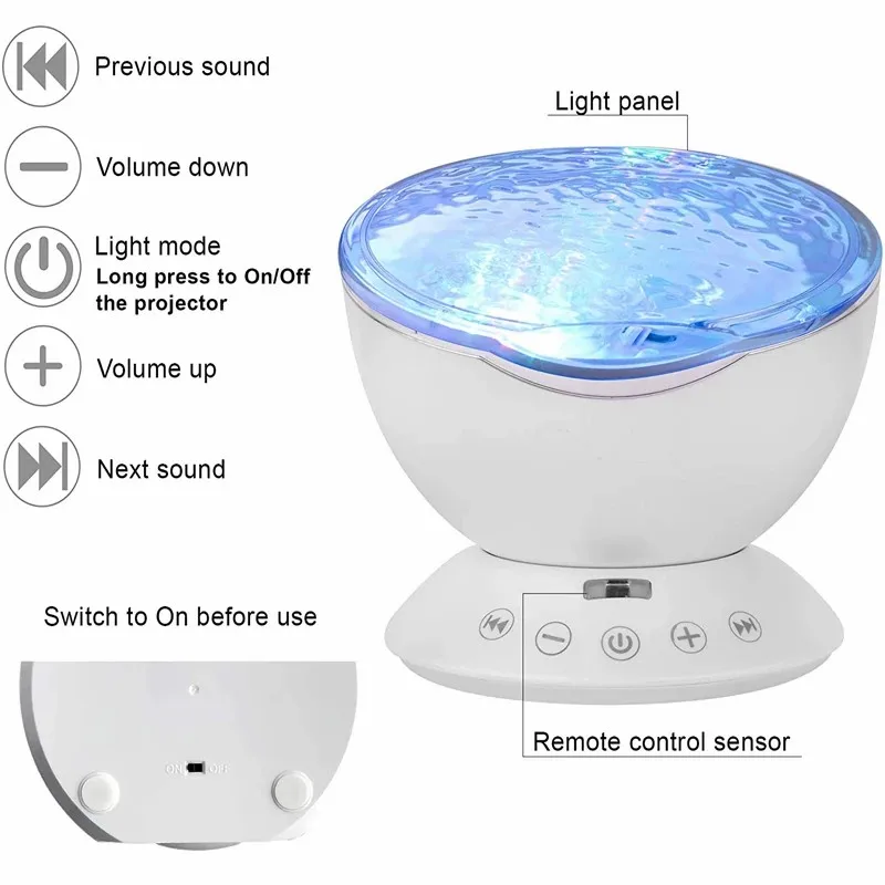 E2 Ocean Wave Projector NightLights LED Night Light Music Player Remote Control 7 Color Ceiling Mood Lamp with Bulit-in Speaker