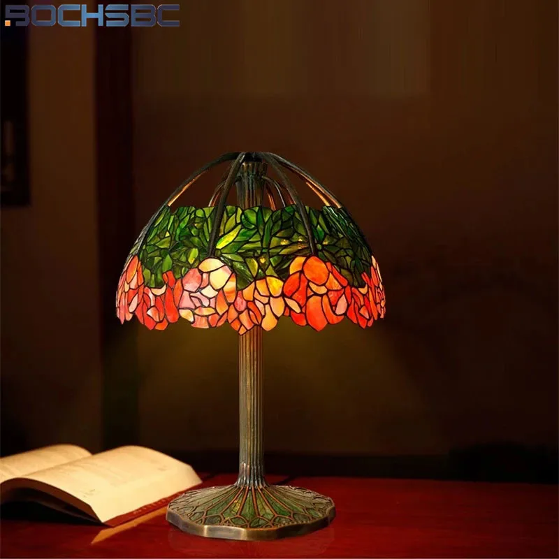 BOCHSBC Tiffany Style Art Decor Table Lamp  Pure Copper Lotus Stained Glass Creative Luxury For Living Room Study Office