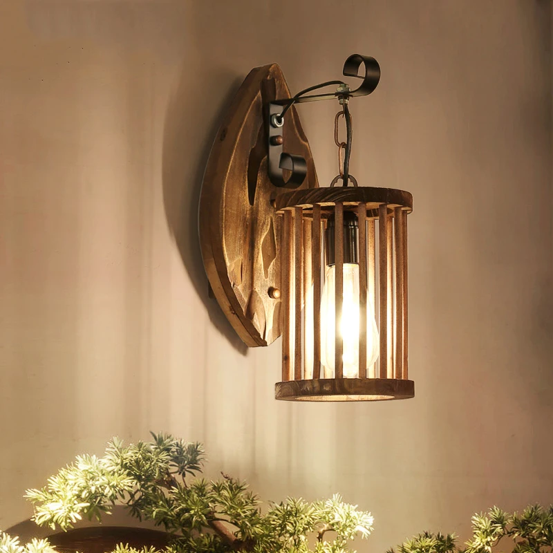 

American Country Retro Industrial Wood Light Bar Restaurant Aisle Corridor Wall Lamp Bedside Solid Wooden Art Sconce