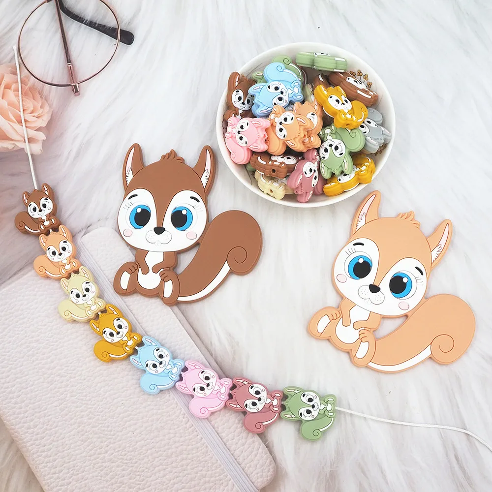 Chenkai 10PCS Silicone Squirrel Beads Baby Animal Shaped Beads Teething BPA Free DIY Sensory Chewing Toy Accessories