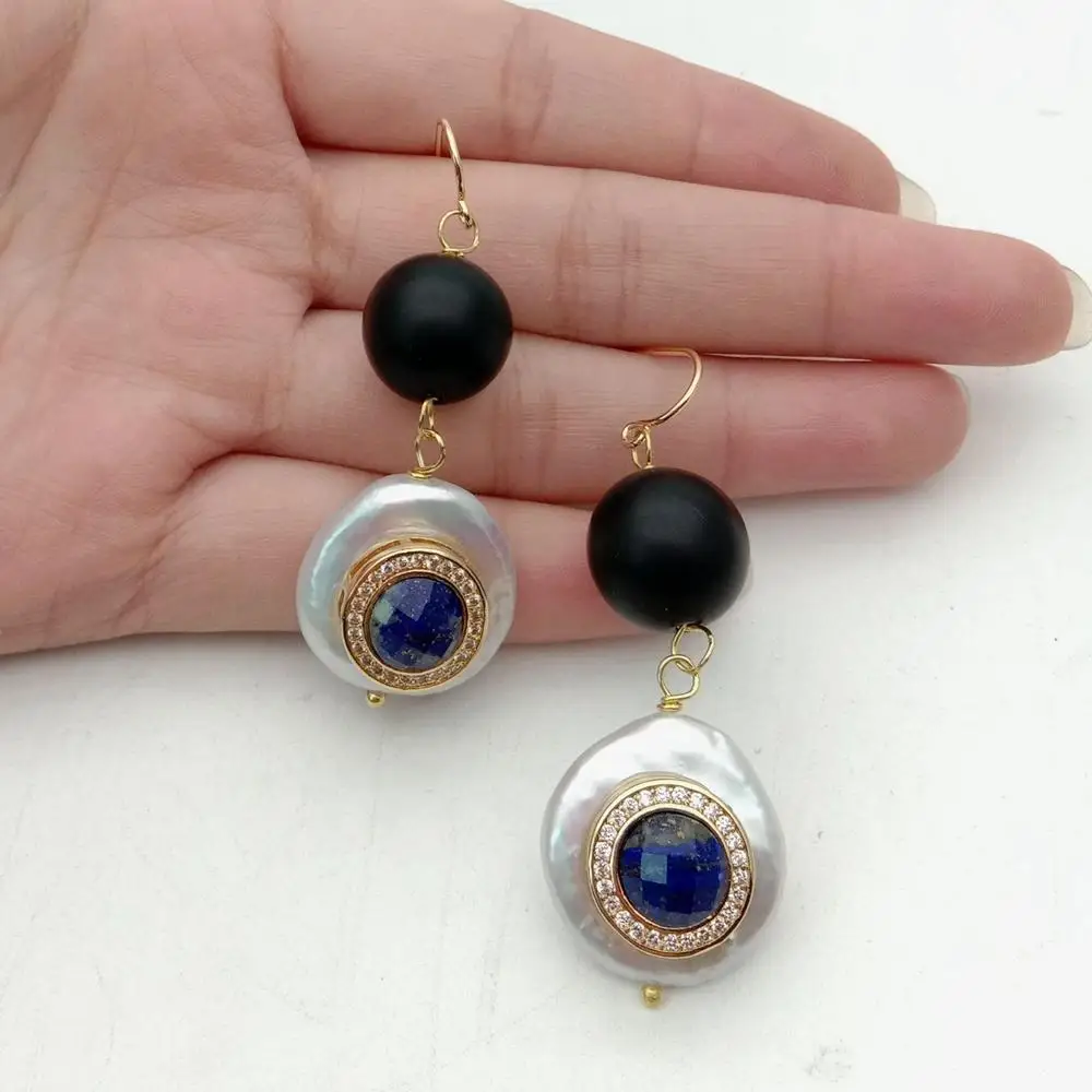 YYGEM  Natural White Coin freshwater Pearl Matte Onyx Round Cubic Zirconia Pave Lapis wrap Hook Earrings