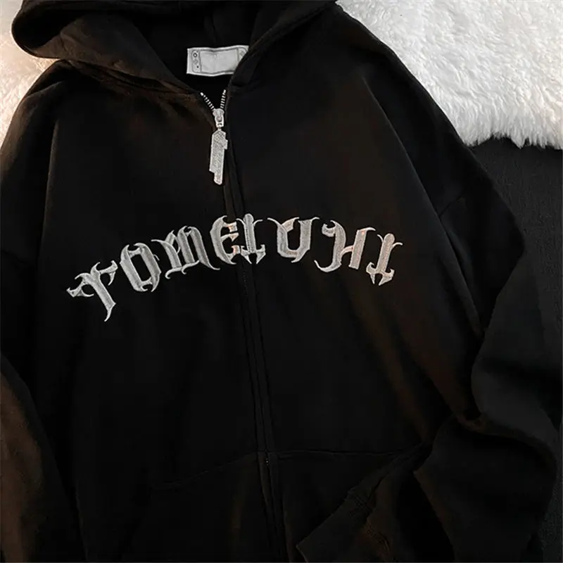 Retro Embroidered Zip Up Sweatshirt Harajuku Oversized Hoodies Korean Style Loose Letter Print Long Sleeve Grunge Goth Hoodies