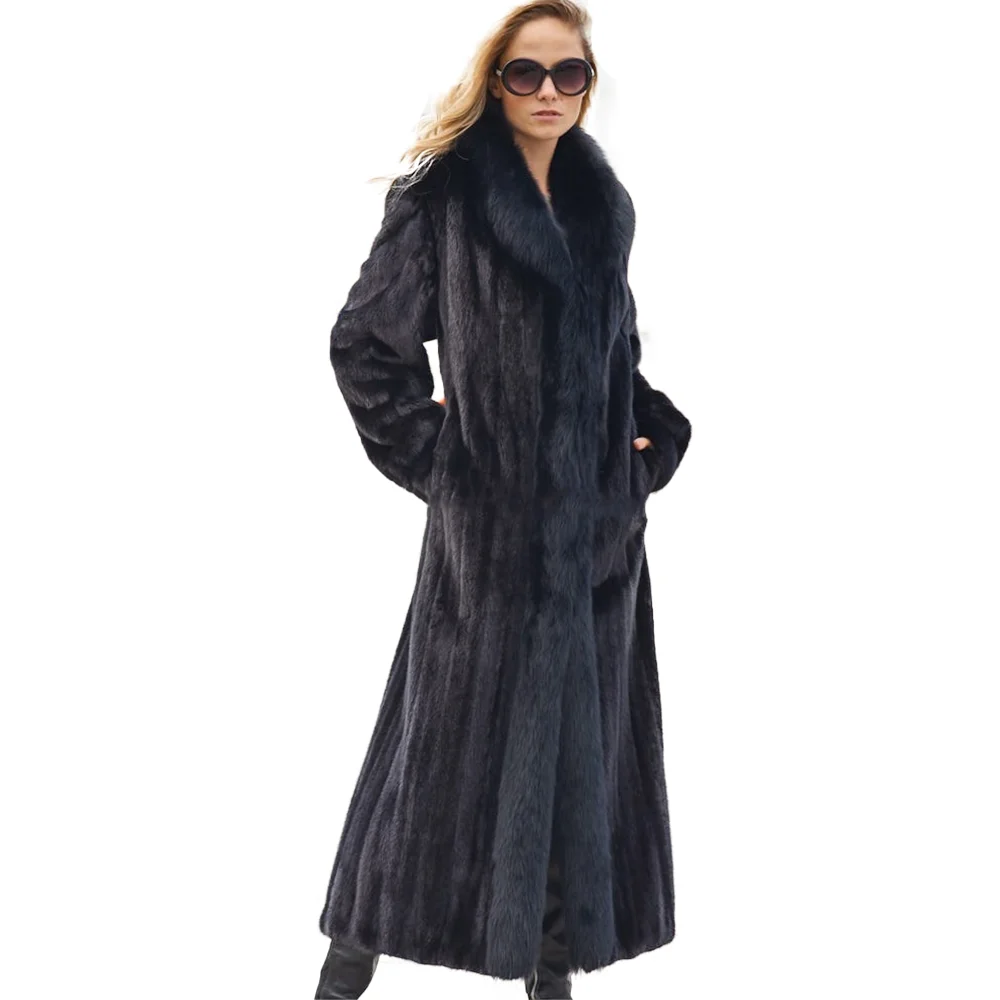 TOPFUR 100% Genuine Real Mink Fur Coat Black Long Sleeve With Fox Fur Collar 120 Cm Length Woman Winter Warm Jacket