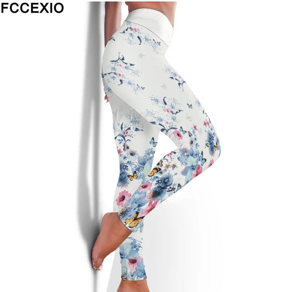 FCCEXIO Legging Elastis Kebugaran Pinggang Tinggi Baru Lukisan Tinta Bunga 3D Cetakan Legging Seksi Celana Olahraga Latihan Kasual