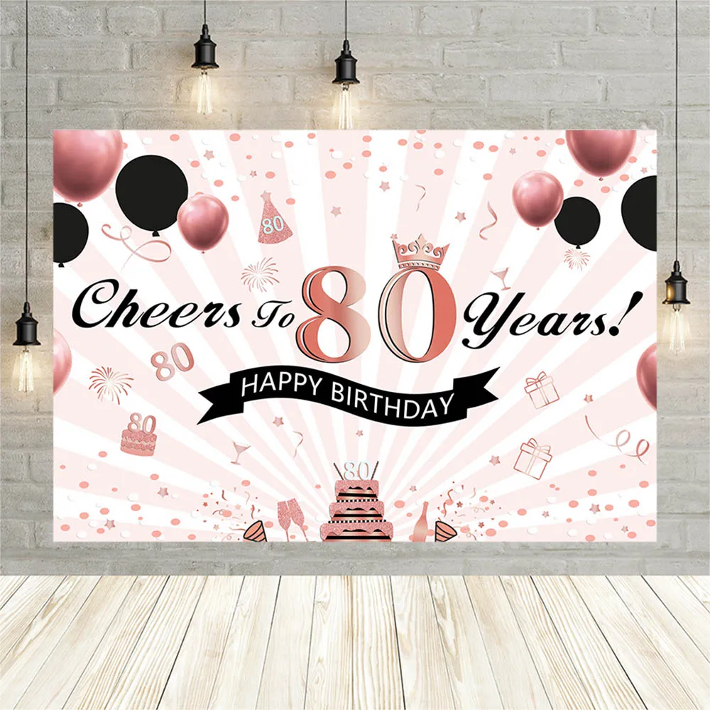 Avezano Celebration Women 80th Birthday Party Backdrop Banner White Pink Stripe Balloon Dots Background Photo Studio Photophone