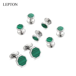 LEPTON Malachite Cufflinks Tuxedo Studs Sets High Quality Stone Collar Studs Cufflink Perfect For Mens Business Wedding Gifts