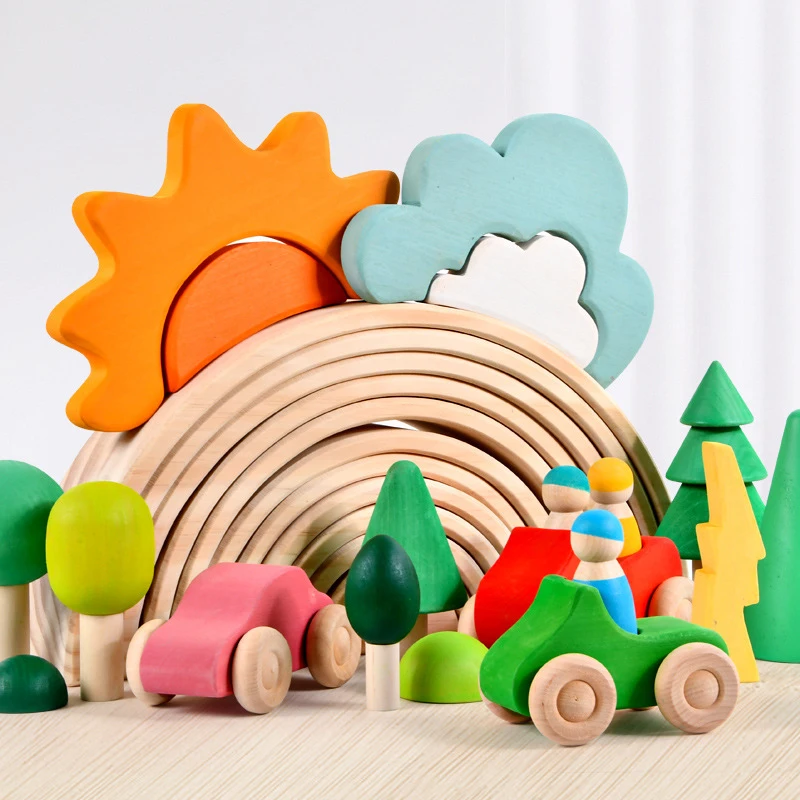 

Large Size Montessori Educational Open Ended Toys Rainbow Constructor Stacker Balance Waldorf Grimms Wooden Toys For Children