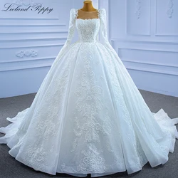 Lsland Mohn A-linie Voll Ärmel Spitze Hochzeit Kleid Perlen Perlen Bodenlangen Vestido de Novia Gericht Zug Brautkleider