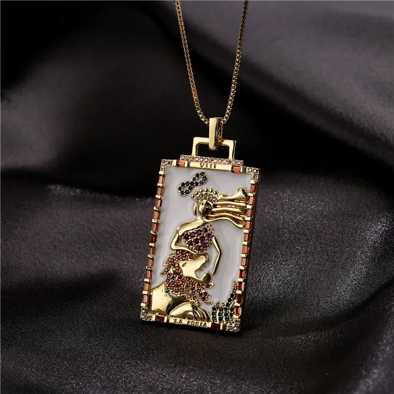 Tarot Sun Moon Neckalce Oil Painting Drop Oil Pendant Necklace Vintage Copper Micro-inlaid Tribal Stylish Jewelry