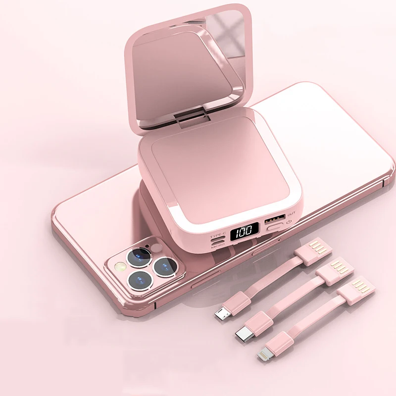 Mini Power Bank Built in Cable USB Type C Powerbank with Makeup Mirror for iPhone 15 Samsung Huawei P30 Xiaomi Battery 20000mAh