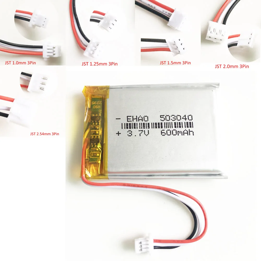 Akumulator litowo-polimerowy 3,7 V 600 mAh 503040   + Złącze JST 3pin do kamery MP3 GPS z dyktafonem Bluetooth i e-bookem